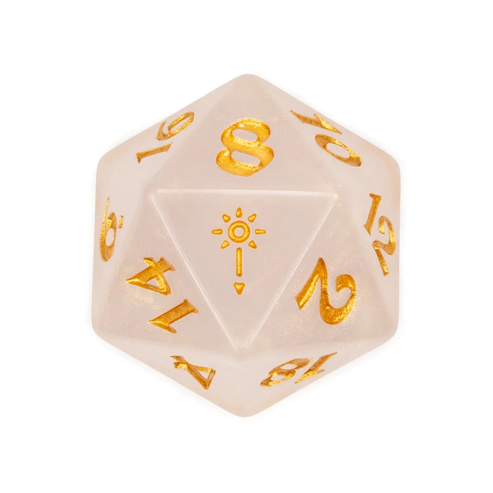 Critical Role Pike Trickfoot dice, Vox Machina gold pearlescent dice, Pike resin polyhedral dice set, Ashley Johnson Critical Role dice, official Critical Role dice set, DnD cleric dice set, Die Hard Dice collaboration, mace icon d20, blue dice bag with charm, Pike Trickfoot RPG accessories