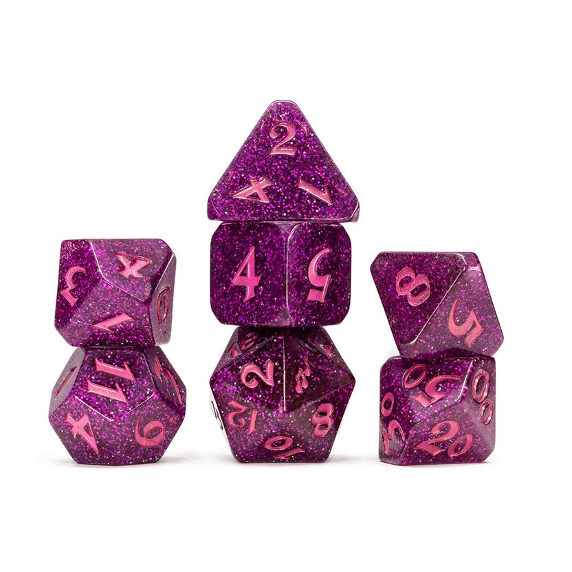 Critical Role Scanlan Shorthalt dice, Vox Machina glitter dice set, Scanlan polyhedral DnD dice, pink and purple dice set, Sam Riegel Critical Role dice, musical note d20, official Critical Role dice, Die Hard Dice collaboration, resin RPG dice set, Critical Role character dice bag