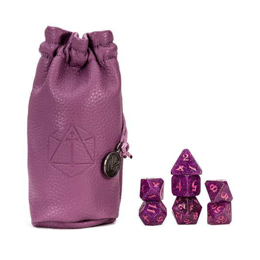 Critical Role Scanlan Shorthalt dice, Vox Machina glitter dice set, Scanlan polyhedral DnD dice, pink and purple dice set, Sam Riegel Critical Role dice, musical note d20, official Critical Role dice, Die Hard Dice collaboration, resin RPG dice set, Critical Role character dice bag