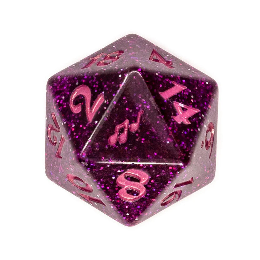 Critical Role Scanlan Shorthalt dice, Vox Machina glitter dice set, Scanlan polyhedral DnD dice, pink and purple dice set, Sam Riegel Critical Role dice, musical note d20, official Critical Role dice, Die Hard Dice collaboration, resin RPG dice set, Critical Role character dice bag