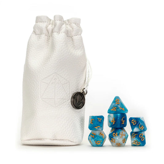 Vex'ahlia dice set, Critical Role Vex dice, Vox Machina teal dice, bear paw d20 icon, gold ink polyhedral dice, Critical Role acrylic dice, Laura Bailey character dice, fantasy RPG dice set, Die Hard Dice Critical Role, teal white marbled DnD dice