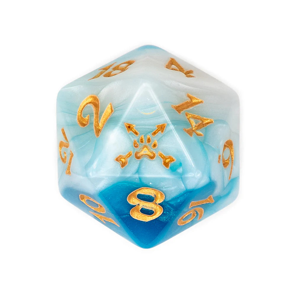 Vex'ahlia dice set, Critical Role Vex dice, Vox Machina teal dice, bear paw d20 icon, gold ink polyhedral dice, Critical Role acrylic dice, Laura Bailey character dice, fantasy RPG dice set, Die Hard Dice Critical Role, teal white marbled DnD dice
