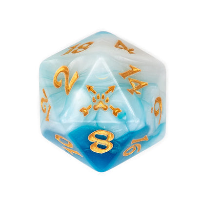 Vex'ahlia dice set, Critical Role Vex dice, Vox Machina teal dice, bear paw d20 icon, gold ink polyhedral dice, Critical Role acrylic dice, Laura Bailey character dice, fantasy RPG dice set, Die Hard Dice Critical Role, teal white marbled DnD dice