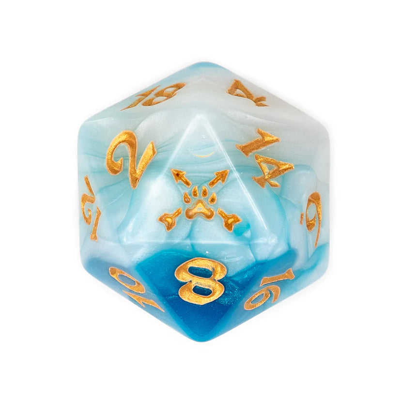 Vex'ahlia dice set, Critical Role Vex dice, Vox Machina teal dice, bear paw d20 icon, gold ink polyhedral dice, Critical Role acrylic dice, Laura Bailey character dice, fantasy RPG dice set, Die Hard Dice Critical Role, teal white marbled DnD dice