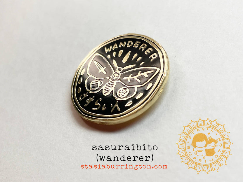 wanderer enamel pin, sasuraibito pin, hard enamel travel pin, explorer aesthetic pin, mysterious lapel pin, adventure inspired pin, japanese wanderer pin, secret society badge, minimal enamel pin, unique travel accessory