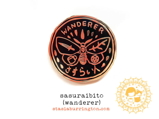 wanderer enamel pin, sasuraibito pin, hard enamel travel pin, explorer aesthetic pin, mysterious lapel pin, adventure inspired pin, japanese wanderer pin, secret society badge, minimal enamel pin, unique travel accessory