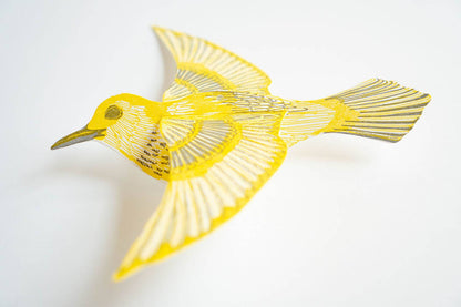warbler pop-out card, yellow warbler greeting card, bird symbolism card, focus and growth gift, letterpress bird card, yellow and gray letterpress, 3d bird ornament card, cotton paper pop-out card, displayable bird paper craft, woodland bird stationery, birthday bird card, artisan letterpress card, hanging bird ornament, blackbird letterpress pop-out collection, rogue & rye nature cards