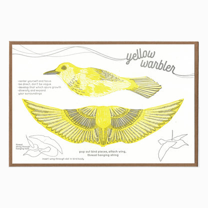 warbler pop-out card, yellow warbler greeting card, bird symbolism card, focus and growth gift, letterpress bird card, yellow and gray letterpress, 3d bird ornament card, cotton paper pop-out card, displayable bird paper craft, woodland bird stationery, birthday bird card, artisan letterpress card, hanging bird ornament, blackbird letterpress pop-out collection, rogue & rye nature cards