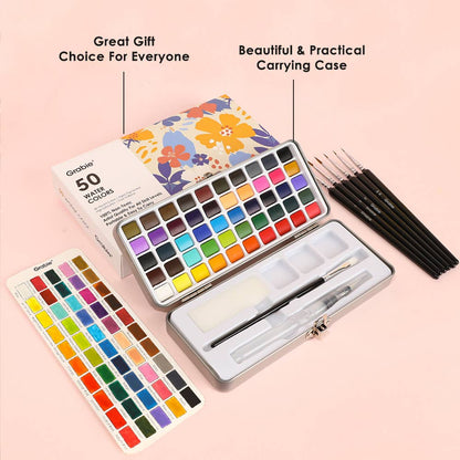 50 color watercolor set, beginner watercolor set, professional watercolor paints, watercolor paint set with brushes, watercolor palette travel kit, portable watercolor paint kit, watercolor tin with brush, watercolor supplies for artists, vibrant watercolor pigments, watercolor painting set for beginners