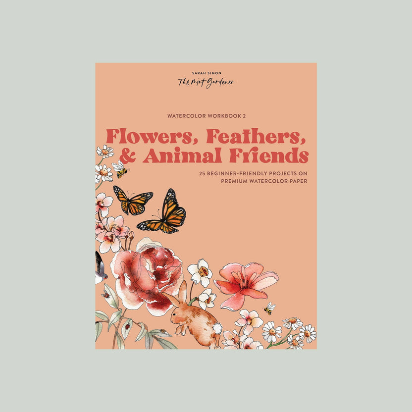 animal watercolor workbook, watercolor animals book, Sarah Simon watercolor guide, beginner watercolor animals, paint-in watercolor workbook, watercolor painting for adults, floral animal art projects, nature watercolor practice, watercolor feathers and flowers, easy watercolor animals