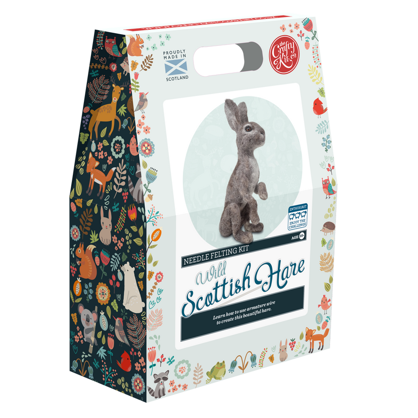 wild hare needle felting kit, Scottish wildlife craft kit, advanced needle felting project, Corriedale wool animal kit, The Crafty Kit Company Scotland, needle felting with armature wire, lifelike hare felting kit, enthusiast level wool sculpture, handmade in Scotland felting kit, Alison Rumbles artist felting design