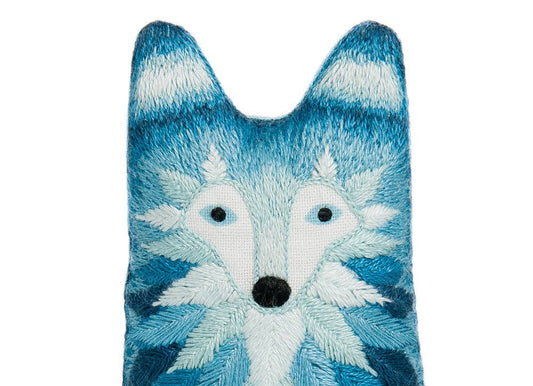 wolf embroidery kit, wolf embroidered doll, beginner embroidery project, level 3 embroidery pattern, animal doll embroidery, DMC floss kit, screen printed fabric embroidery, stitchable animal doll, handmade embroidery gift, creative sewing craft kit