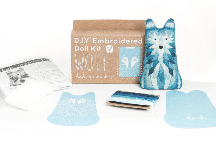 wolf embroidery kit, wolf embroidered doll, beginner embroidery project, level 3 embroidery pattern, animal doll embroidery, DMC floss kit, screen printed fabric embroidery, stitchable animal doll, handmade embroidery gift, creative sewing craft kit