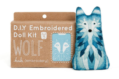wolf embroidery kit, wolf embroidered doll, beginner embroidery project, level 3 embroidery pattern, animal doll embroidery, DMC floss kit, screen printed fabric embroidery, stitchable animal doll, handmade embroidery gift, creative sewing craft kit