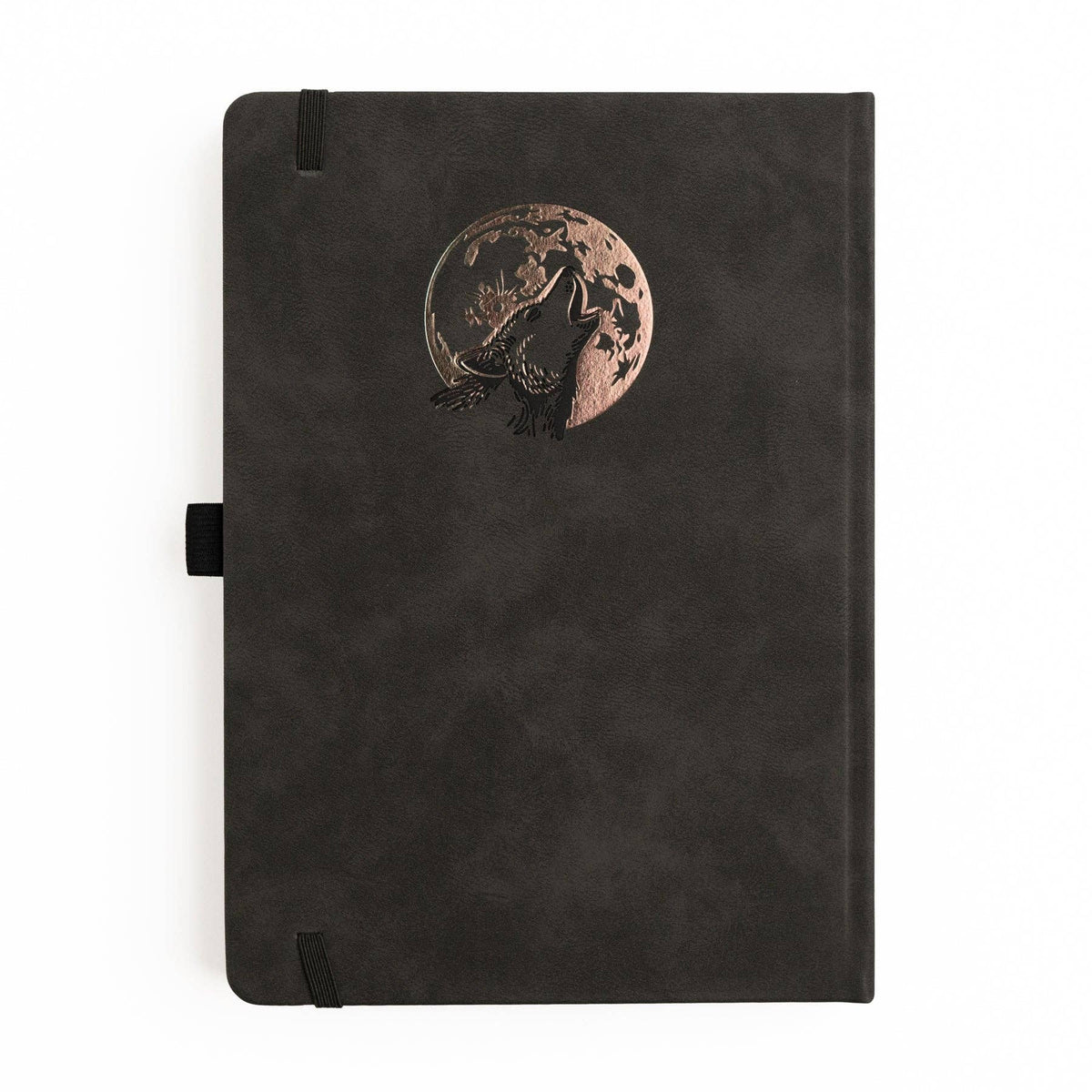 Wolf in the Night notebook with dark vegan leather cover and copper wolf design