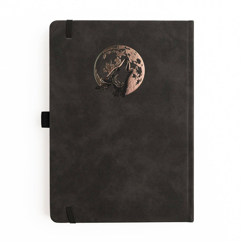 Wolf in the Night notebook with dark vegan leather cover and copper wolf design