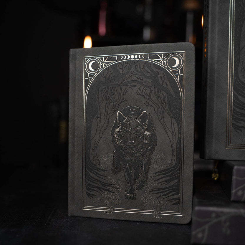 Wolf in the Night notebook photographed in low light showing reflective copper foil