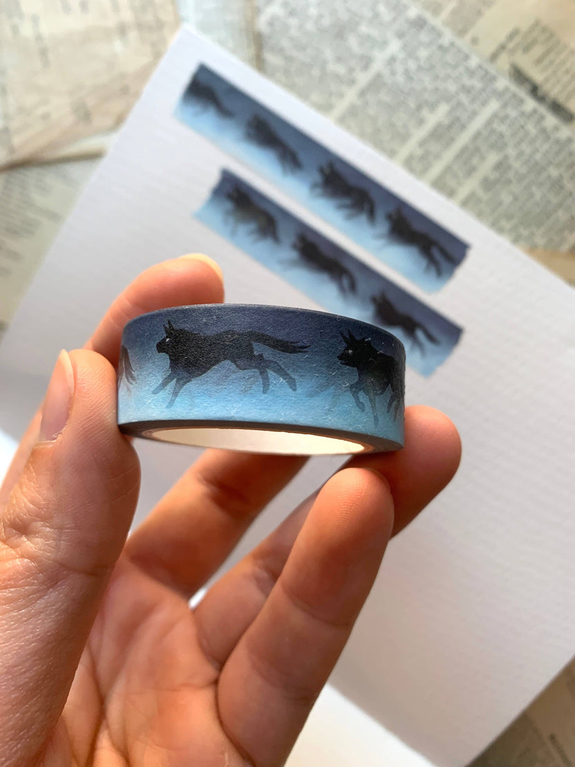 wolves washi tape, animal washi tape, wolf pattern tape, watercolor masking tape, eco-friendly washi tape, journaling supplies, wolf stationery, biodegradable rice paper tape, washi tape for scrapbooking, planner decorating tape, creative washi roll, removable art tape, wildlife washi, nature washi tape, Japanese washi tape