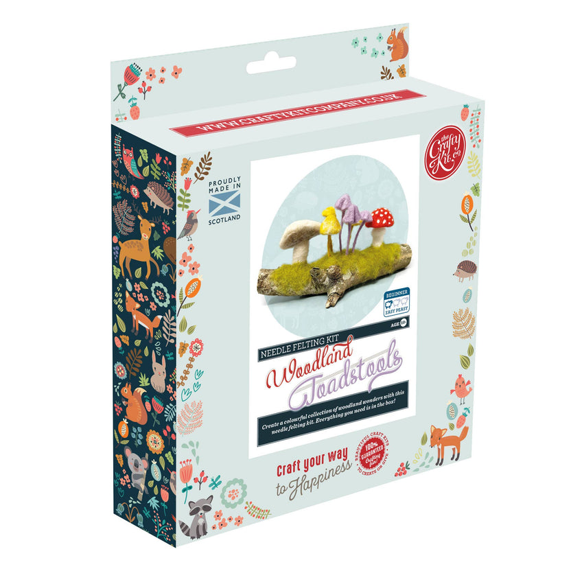 woodland toadstools needle felting kit, mushroom craft kit, felt toadstools DIY, improver needle felting project, forest fungi wool craft, nature-inspired felting kit, The Crafty Kit Company Scotland, sustainable craft kit, whimsical mushroom decor, 3D wool sculpture kit