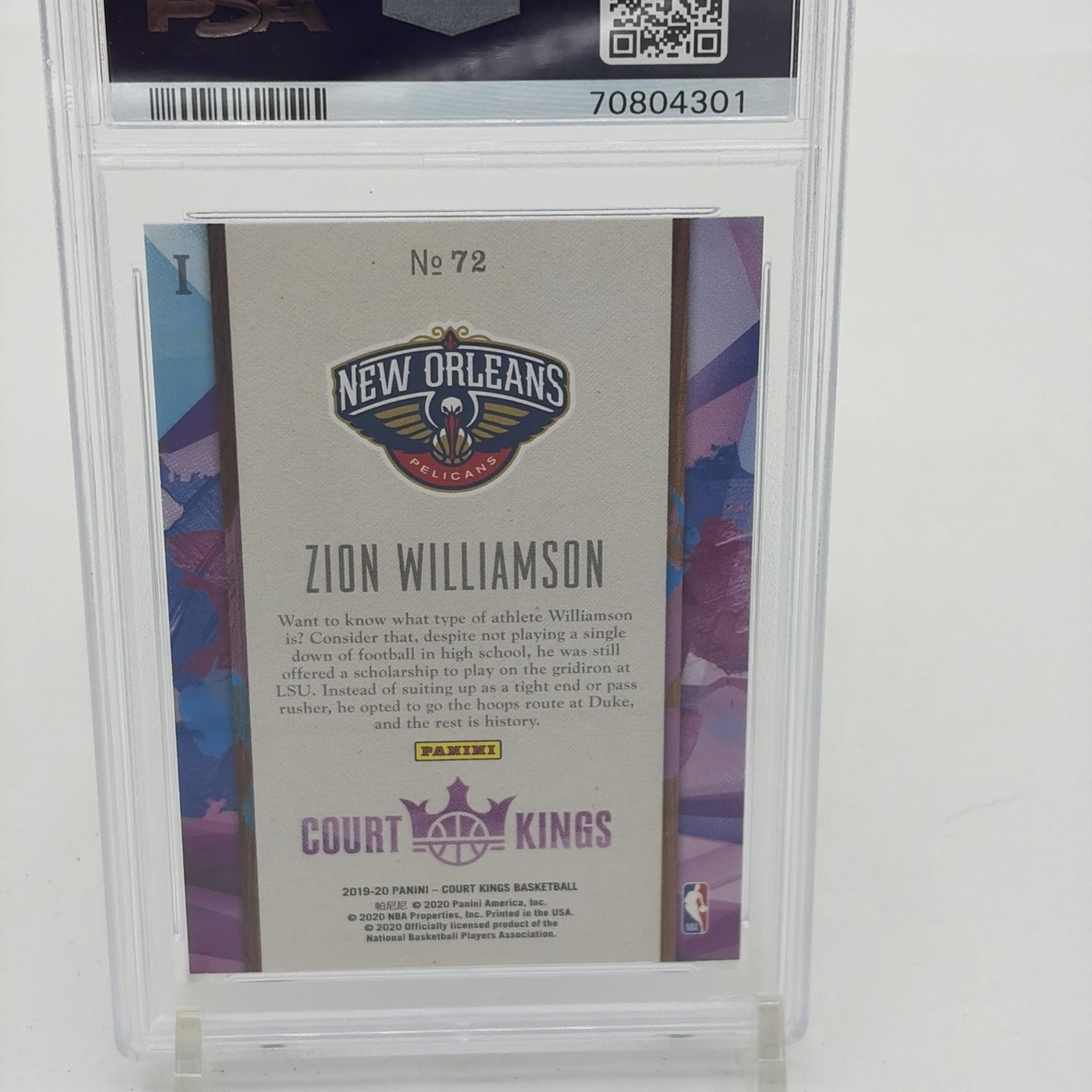 2019 Panini Court Kings RC - Zion Williamson #72 PSA 10 2019 Panini Court Kings Zion Williamson number 72 rookie card graded PSA  gem mint 10 featuring the New Orleans Pelicans NBA star