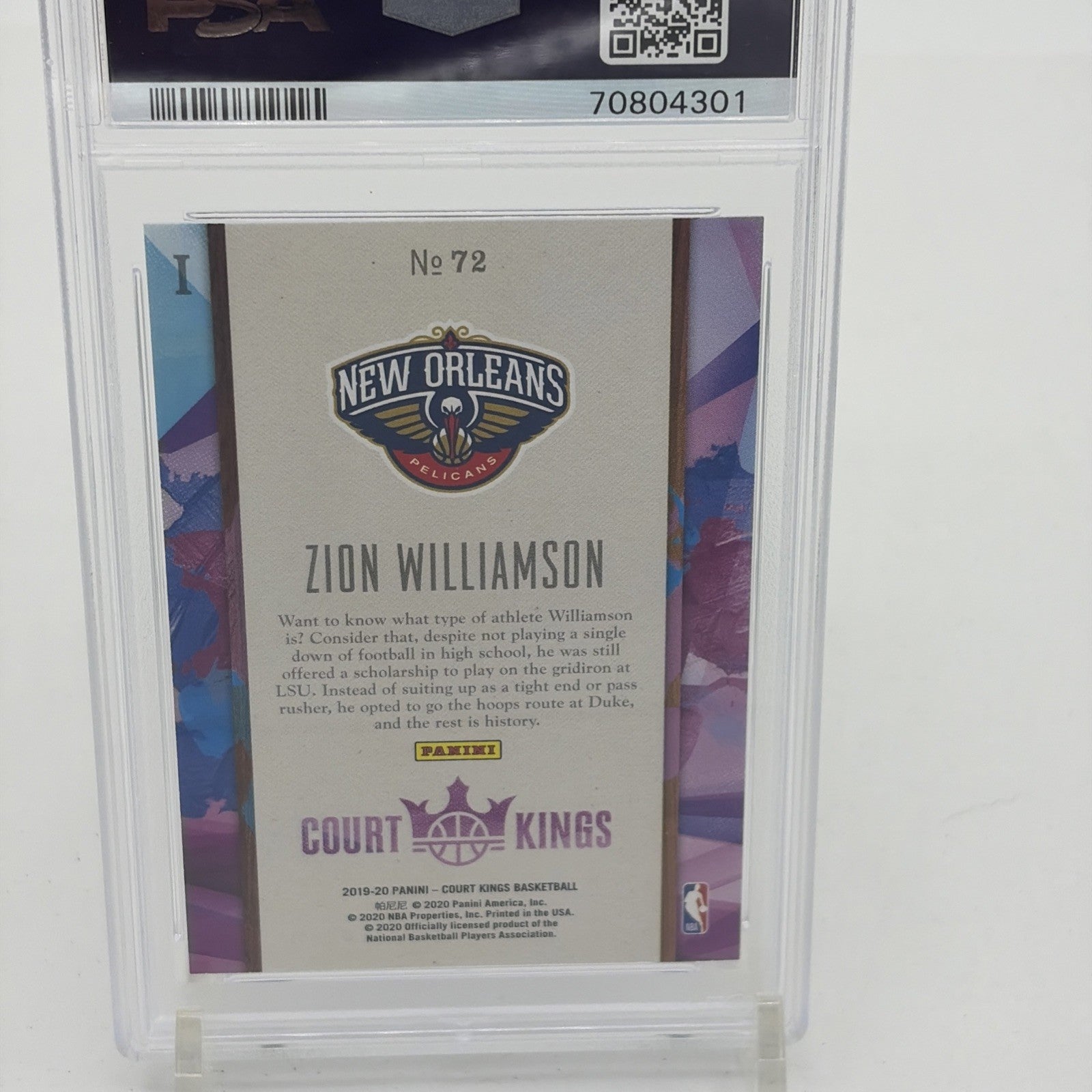 2019 Panini Court Kings RC - Zion Williamson #72 PSA 10 2019 Panini Court Kings Zion Williamson number 72 rookie card graded PSA  gem mint 10 featuring the New Orleans Pelicans NBA star